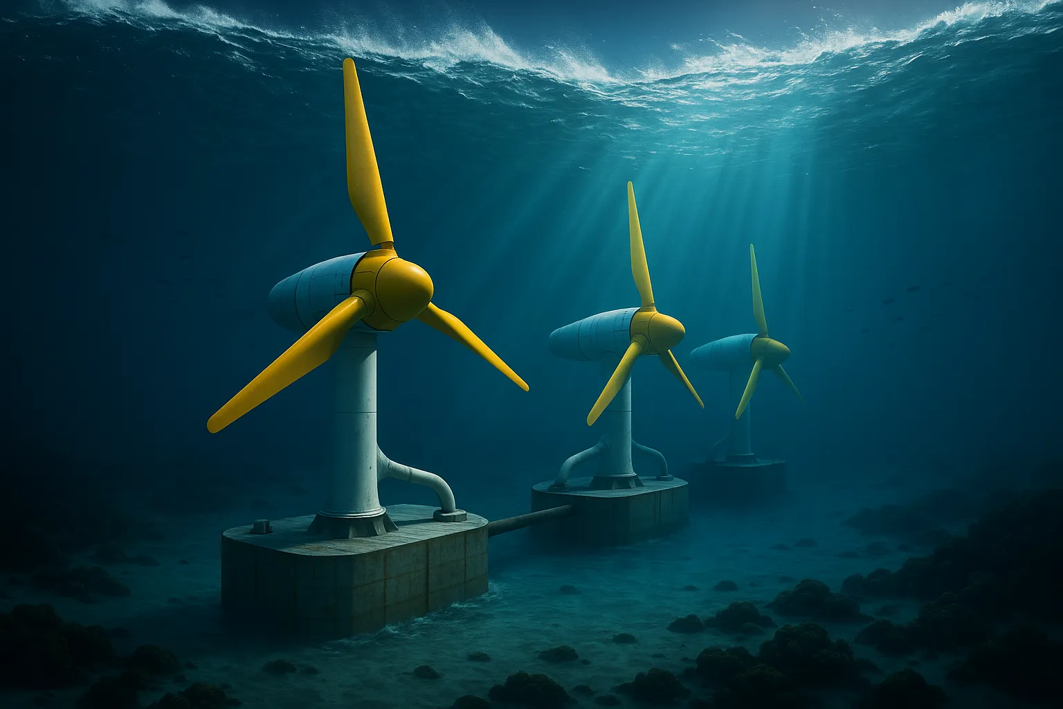Autarke Stadt auf dem Meer Gezeitenkraftwerk auf dem Meeresboden